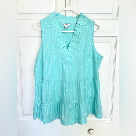 Crown & Ivy Cotton Blend Aqua Metallic Ruffle Sleeveless Top-Size Large - Picture 5 of 10